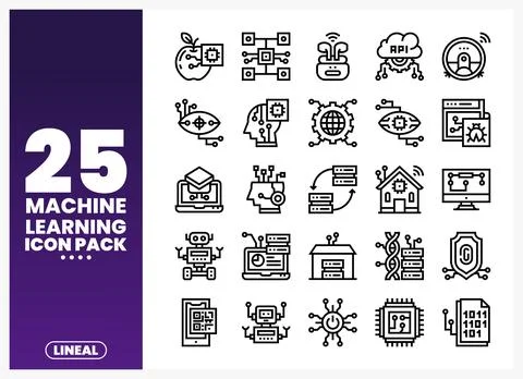 Line art icons for machine learning presented on a white background. Illustrazione stock