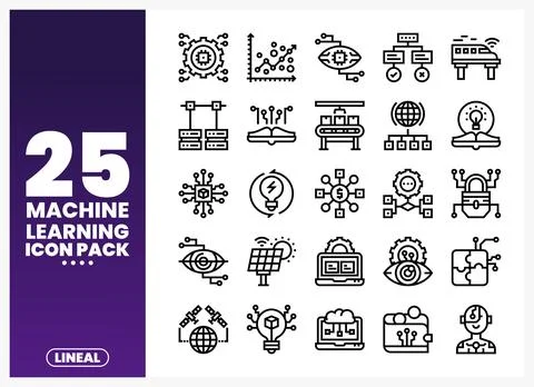 Line art icons for machine learning and AI. presented on a white background.. Stock Illustration