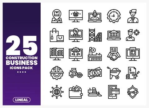 Line art icons represent construction business concepts on a white backgrou.. Stock Illustration