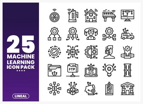Line art icons represent machine learning concepts on a gradient background イラスト素材