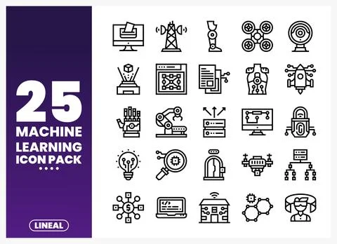 Line art icons representing artificial intelligence and machine learning co.. Stock Illustration