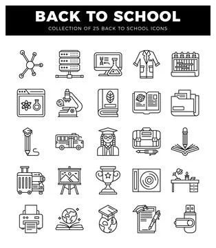A line art icons representing back to school and education themes on a whit.. Stock Illustration