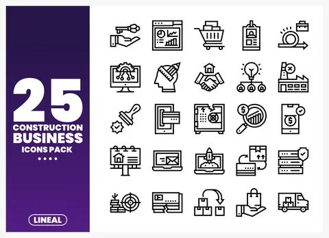 Line art icons representing construction business elements. diverse icons w.. 库存插图