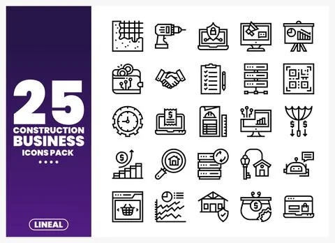 Line art icons representing construction business elements on a purple grad.. Stock Illustration