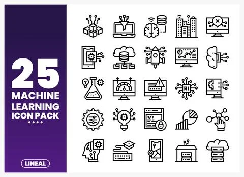 Line art icons representing machine learning concepts on a white background Stock Illustration