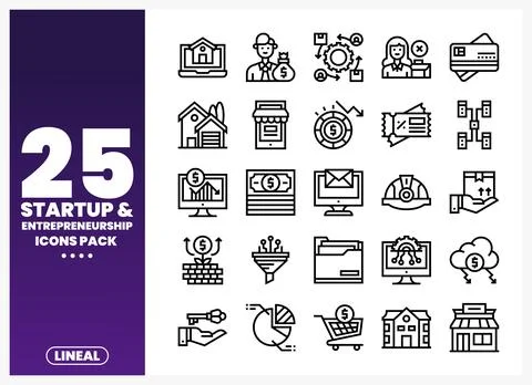 Line art icons representing startup and entrepreneurship concepts on a grad.. Stock Illustration