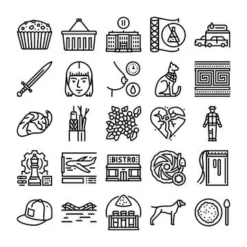 Line art icons representing various objects and concepts Ilustración de archivo