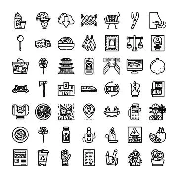 Line art icons representing work, food, travel and diverse concepts Stock Illustration