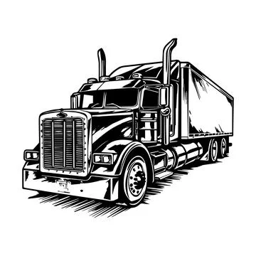 A line art illustration featuring semi truck with front grille, bumper, exhau Stock Illustration