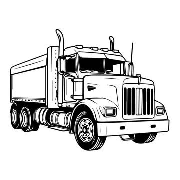 A line art illustration featuring semi dump truck with vertical front grille, Stock Illustration