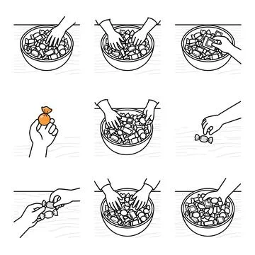 Line art illustration of hands picking candy from bowl step by step process.. Stock Illustration