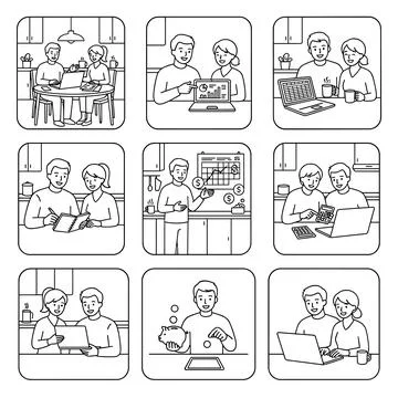 Line art illustration set of couples managing finances, working on laptops,.. Stock Illustration