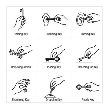 Line art illustration set of hands holding, inserting, turning, unlocking, .. Stock Illustration