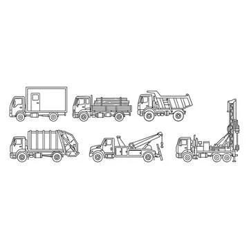 Line art illustrations of six distinct trucks and heavy machinery vehicles di Ilustración de archivo