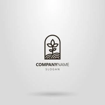 Line art logo of a plant growing on a plot of land in an arched frame Stock Illustration