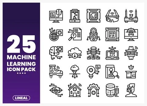 Line art machine learning icons pack on white background Stock Illustration