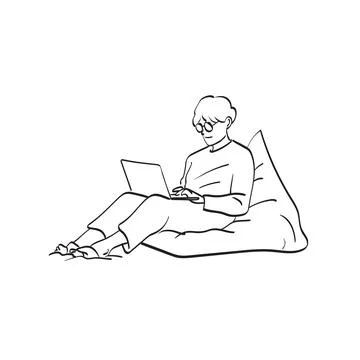 Line art man with glasses using laptop computer on bean back illustration Illustrazione stock