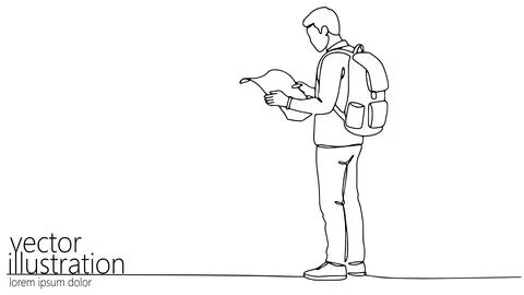 Line art man reading map. Person wears backpack, stands looking down. Travel Illustrazione stock