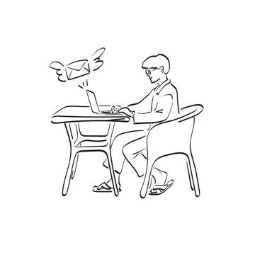 Line art man using laptop computer to send email at home illustration Stock Illustration