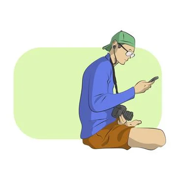 Line art man using smartphone and dslr camera illustration vector Stock Illustration
