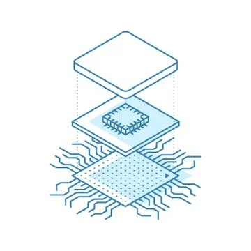 Line art microchip. Central processor unit concept. Isometric vector Stock Illustration