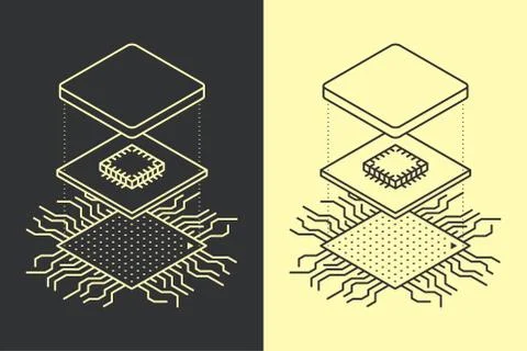 Line art microchip. Central processor unit concept. Isometric vector Stock Illustration