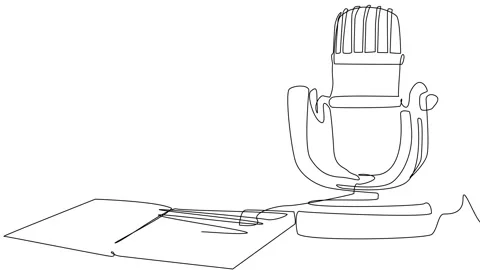 Line art of a microphone and open notebook on a simple background Stock Footage 282146995