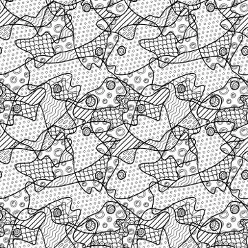 Line art with monochrome pattern with fish heads 스톡 일러스트