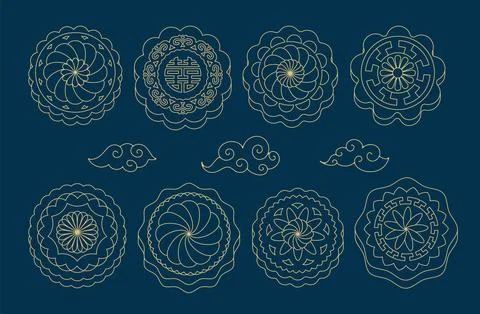 Line art of mooncakes clouds set on a night sky blue background. Linear golden Stock Illustration
