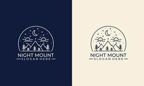 Line art mountain logo, simple adventure graphic with tree and sky logo templ Stock Illustration