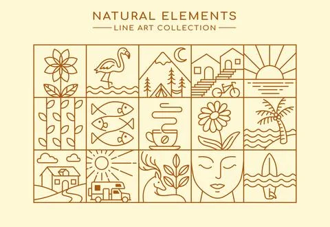 Line art of natural elements collection Stock Illustration