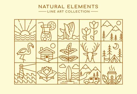 Line art of natural elements collection Stock Illustration