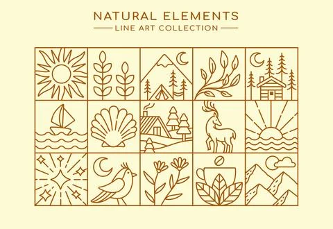Line art of natural elements collection Stock Illustration