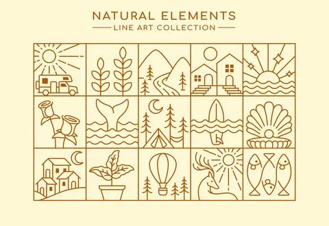 Line art of natural elements collection Stock Illustration
