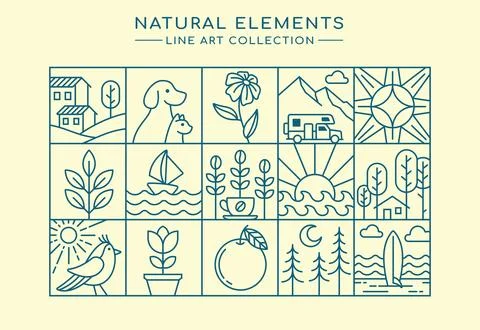 Line art of natural elements collection Stock Illustration