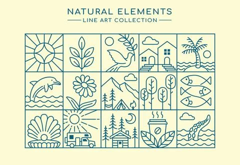 Line art of natural elements collection Stock Illustration