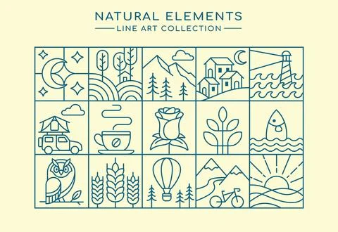 Line art of natural elements collection Stock Illustration