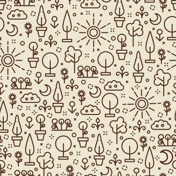 Line art nature seamless pattern - seamless texture with tree, flower Stock Illustration