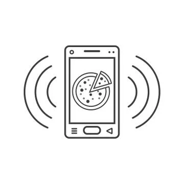 Line art ringing smartphone icon with pizza and signal waves Stock Illustration