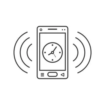 Line art ringing smartphone icon with a clock and signal waves Illustrazione stock