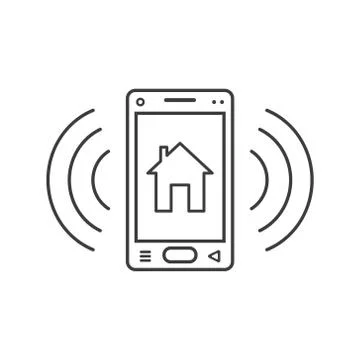 Line art ringing smartphone icon with house sign and signal waves Stock Illustration