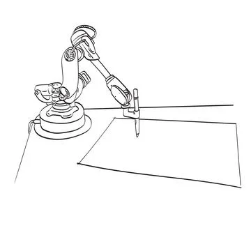 Line art robot using pen to write on blank paper illustration vector isolated Stock Illustration