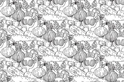 Line art seamless pattern with carrots, onions, beets vector illustration. .. イラスト素材
