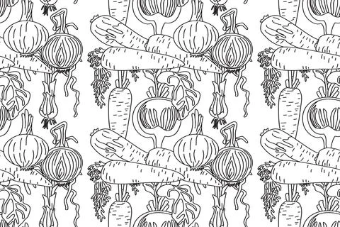 Line art seamless pattern with carrots, onions, beets vector illustration. .. Stockillustratie