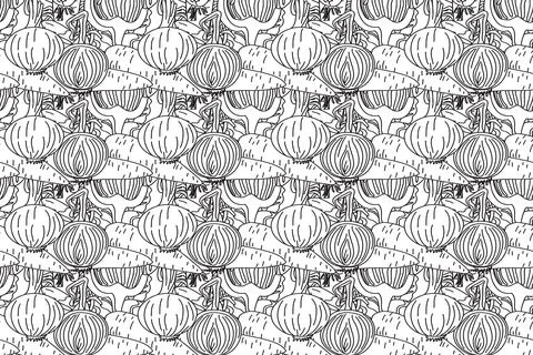 Line art seamless pattern with carrots, onions, beets vector illustration. .. Stock Illustration