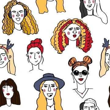 Line art seamless pattern of diversity group of young men, boys, girls, women Stock Illustration