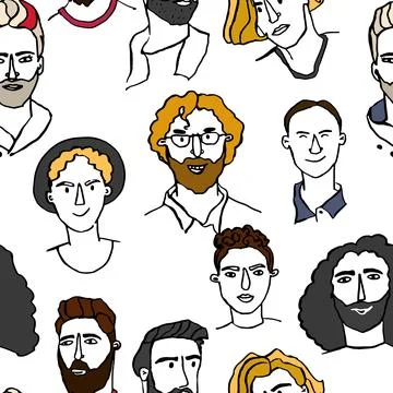 Line art seamless pattern of diversity group of young boys, men, girls, women Stock Illustration
