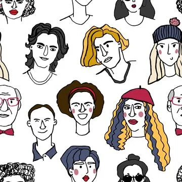 Line art seamless pattern of diversity group of young girls, men, boys, women Stock Illustration