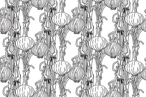 Line art seamless pattern with onions plants vector illustration. Hand draw.. Stockillustratie