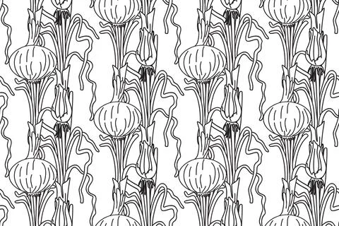 Line art seamless pattern with onions plants vector illustration. Hand draw.. Stock Illustration